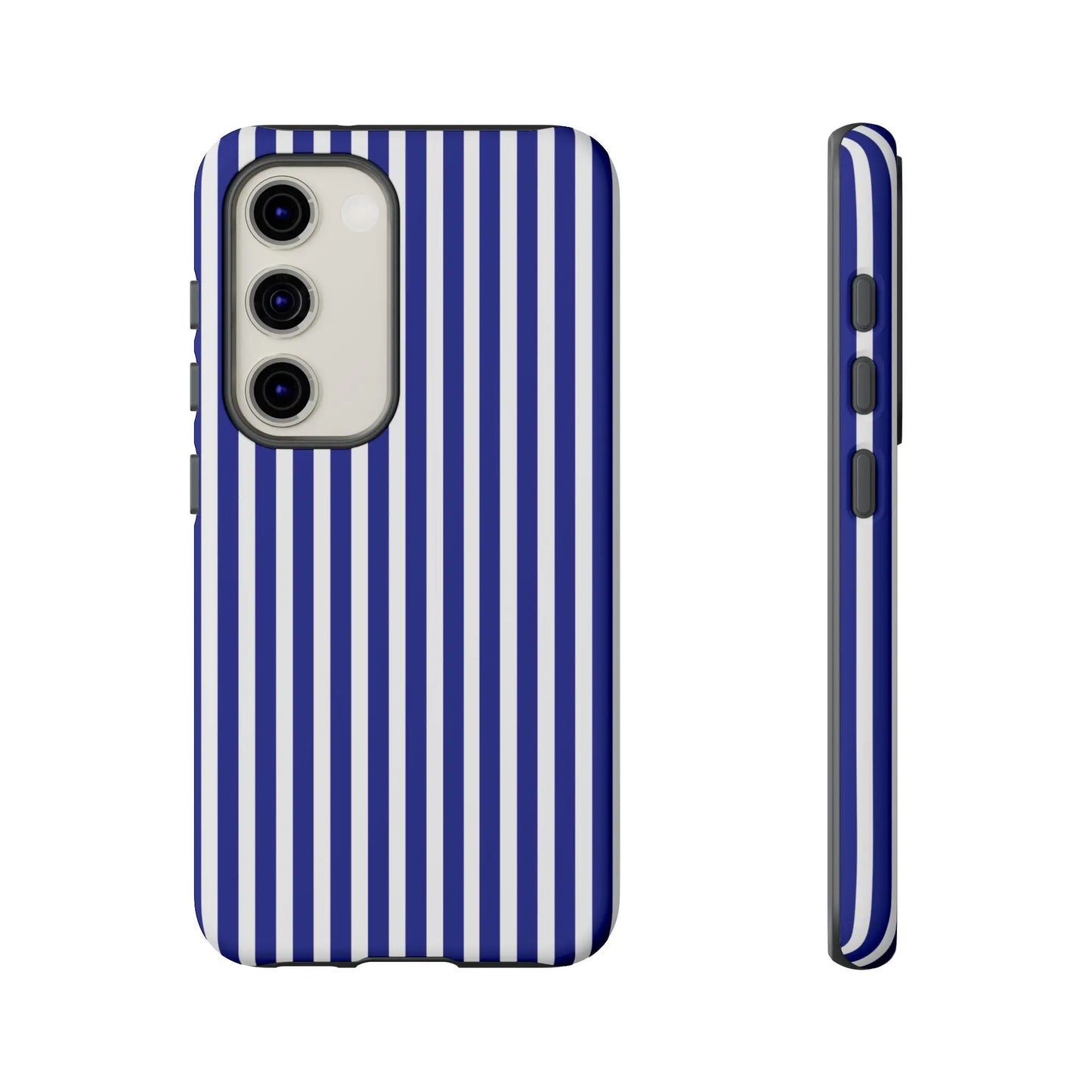 Blue white striped tough phone case with hard shell back design offering protective phone cover style