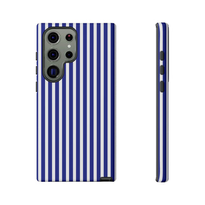 Blue white striped phone case with hard shell protective cover showing the back side of the tough case design