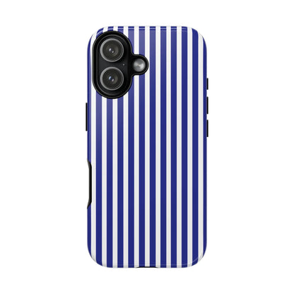 Blue white striped tough phone case with hard shell design showing the back side for protective phone cover