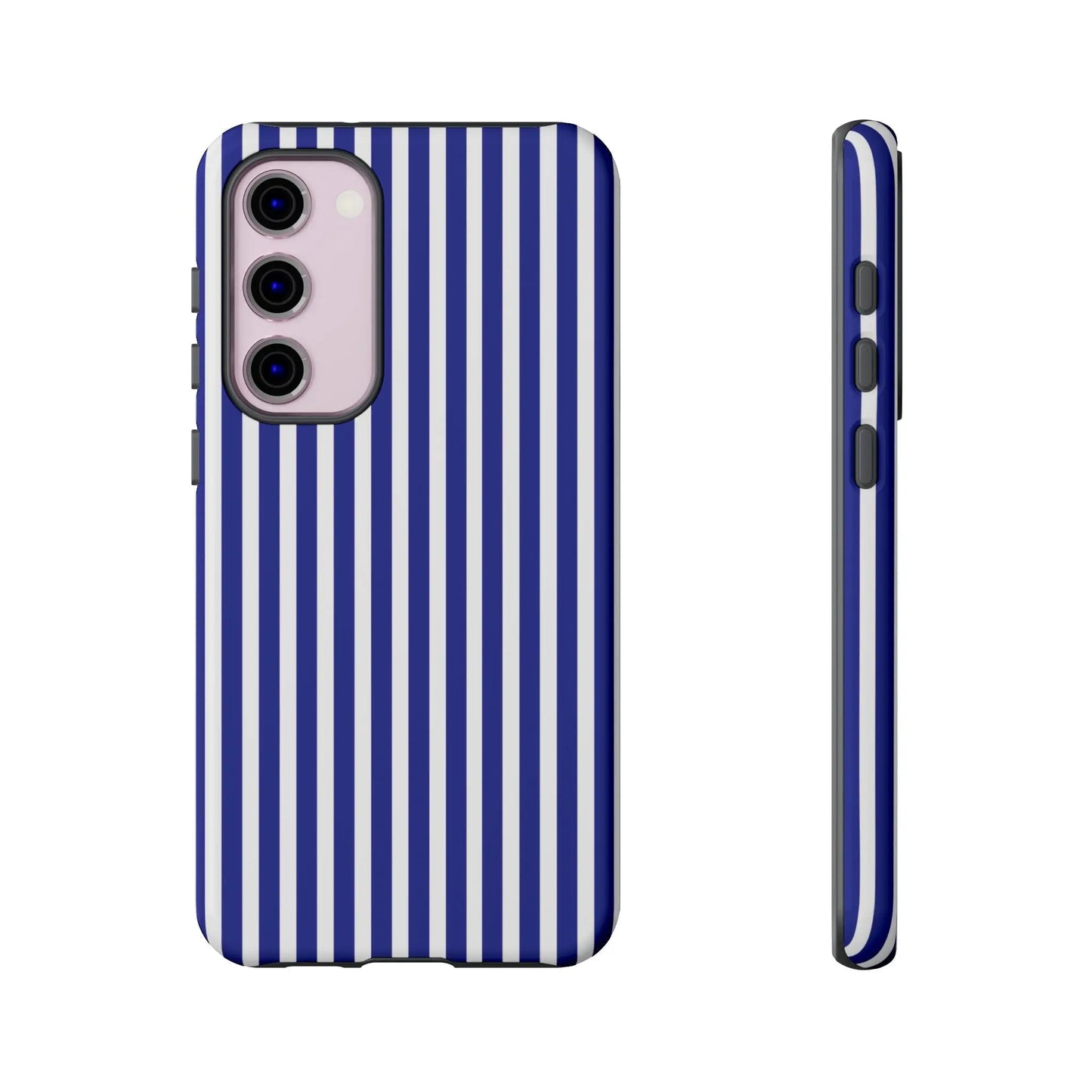 Blue white striped tough phone case with hard shell protective cover showing back side design