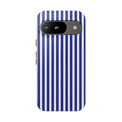 Blue white striped tough phone case back view with hard shell protective cover and modern sleek design