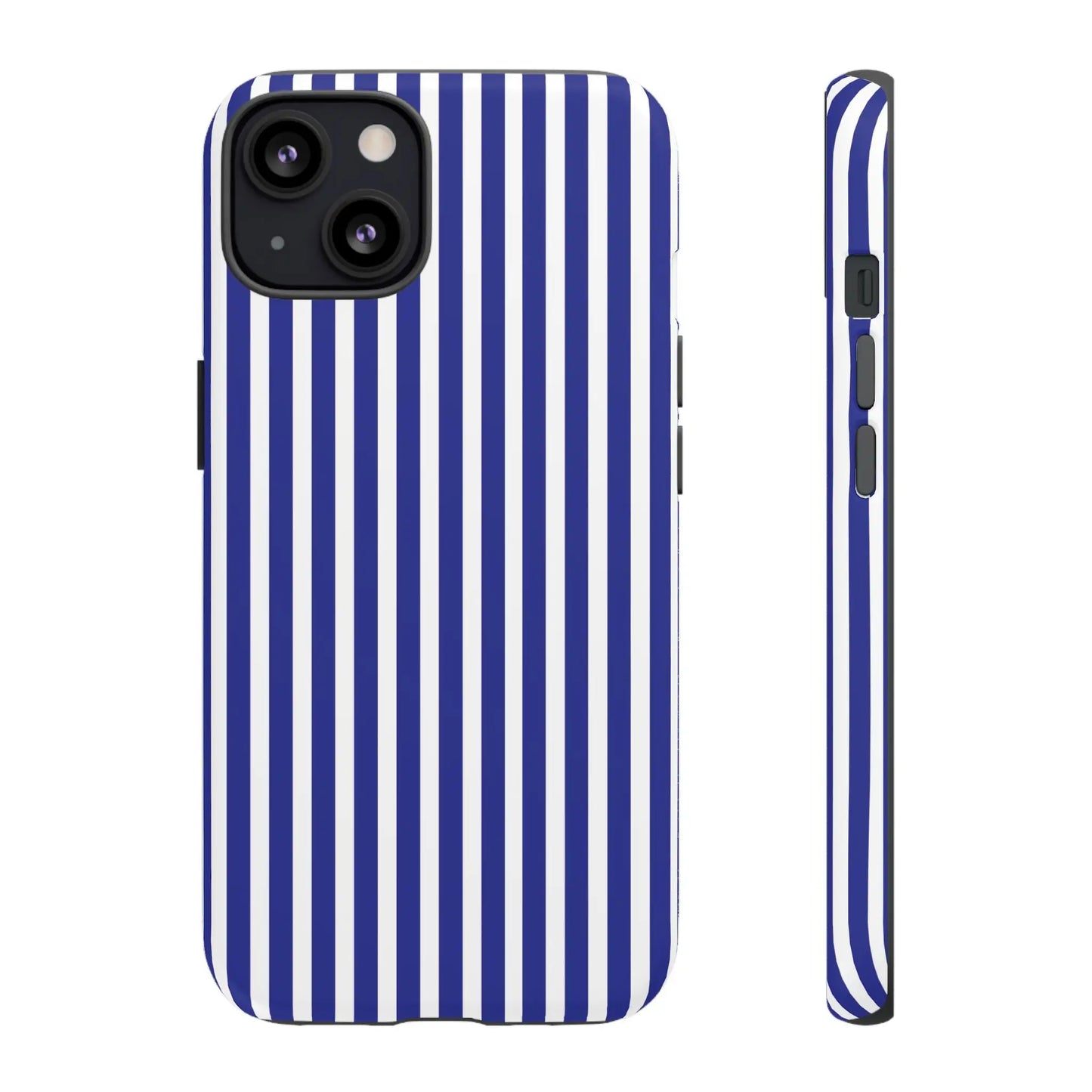 Blue white striped tough phone case with hard shell protective cover and sleek modern design shown from back side