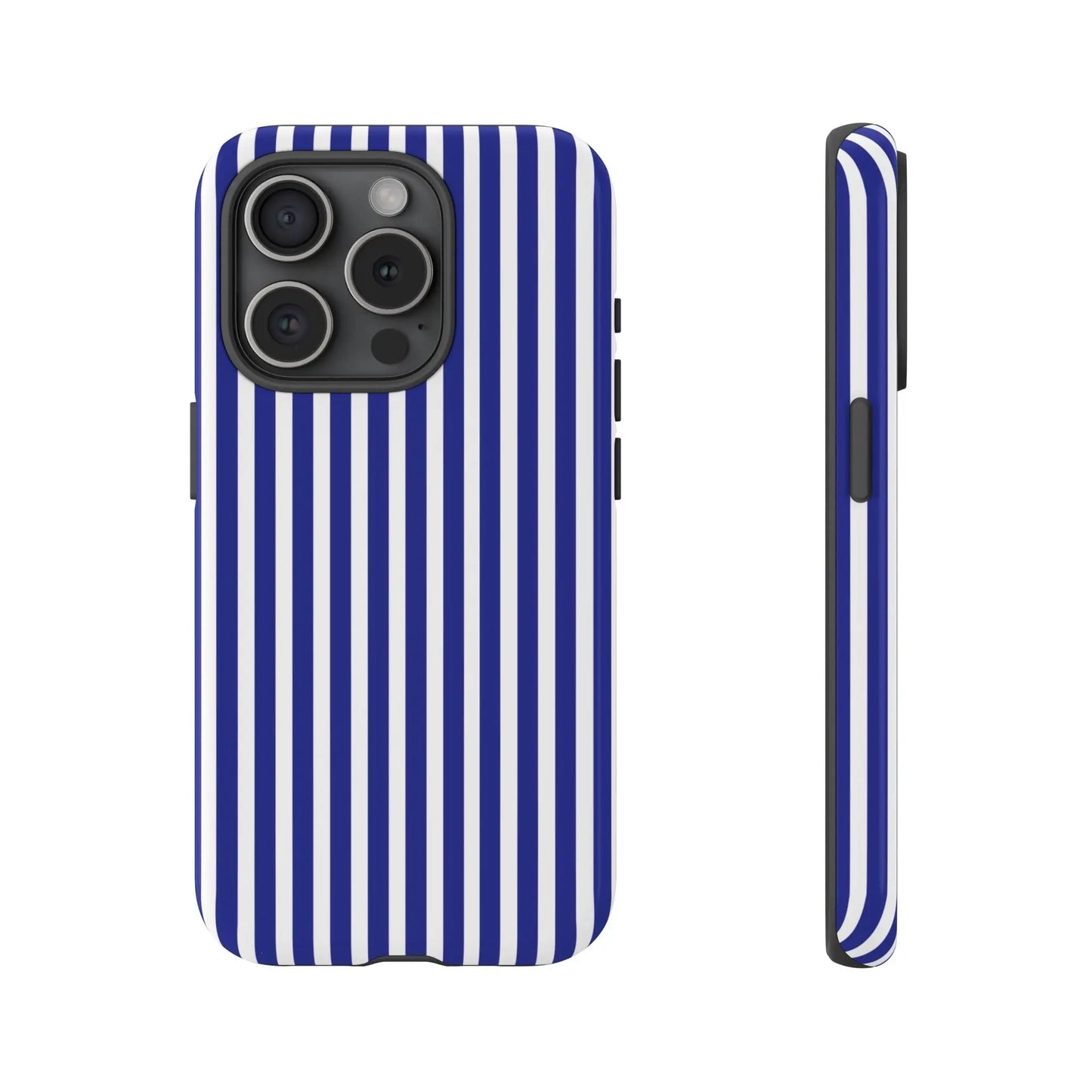 Blue white striped tough phone case with hard shell protective design shown from the back side
