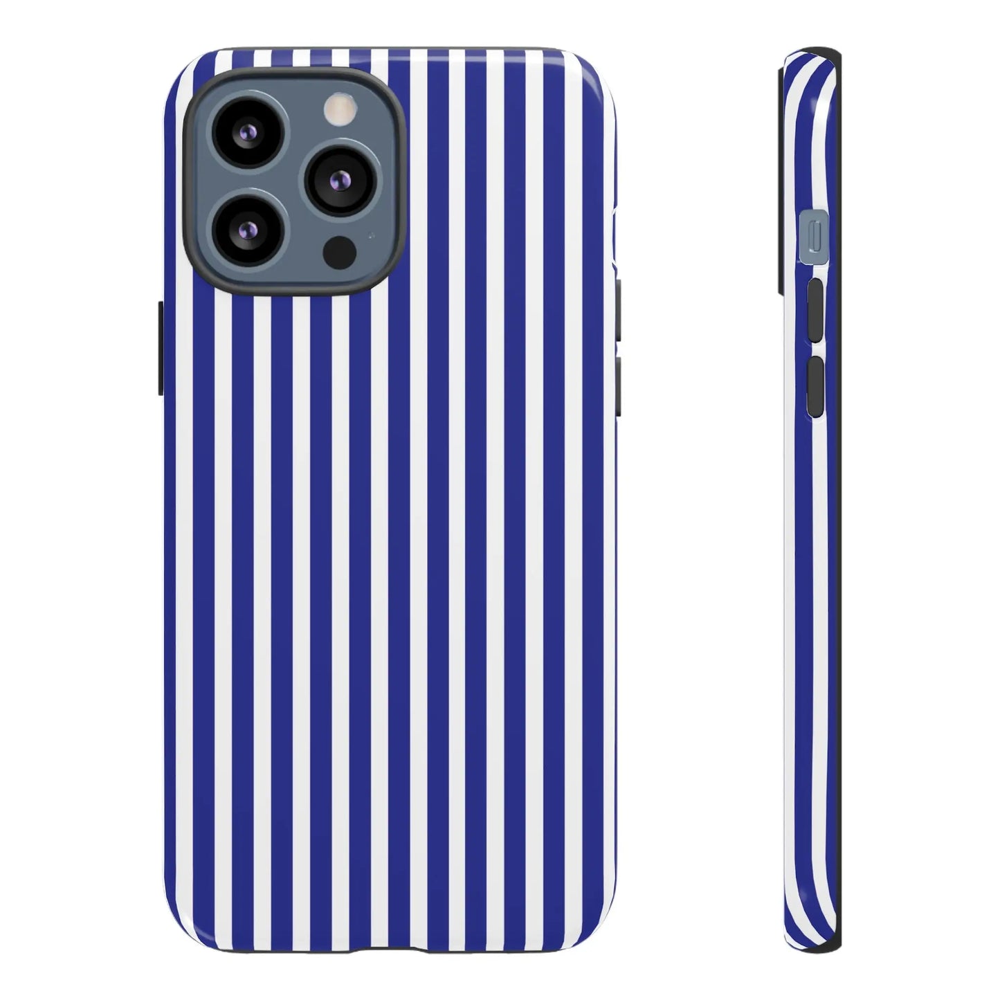 Blue white striped tough hard shell phone case with sleek modern design shown from the back side