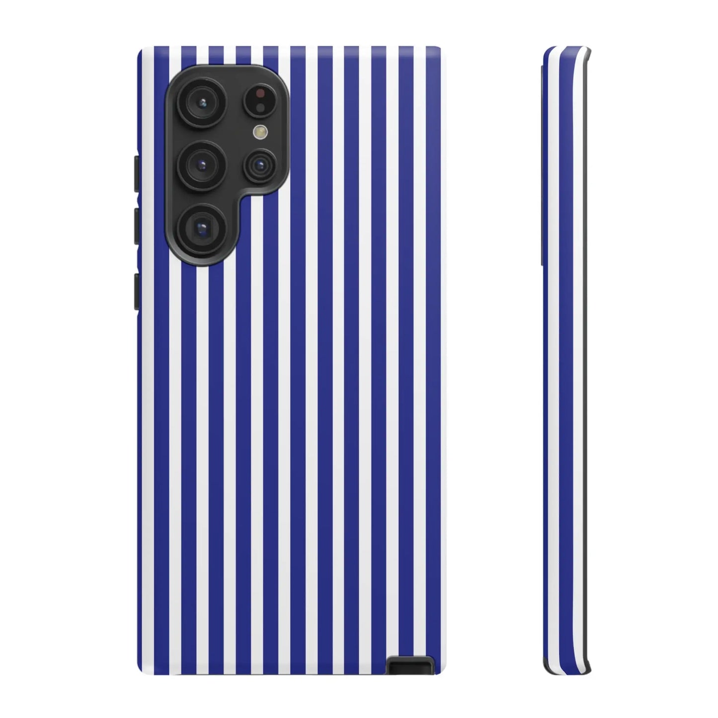 Blue white striped tough phone case with hard shell design for protective phone cover back view
