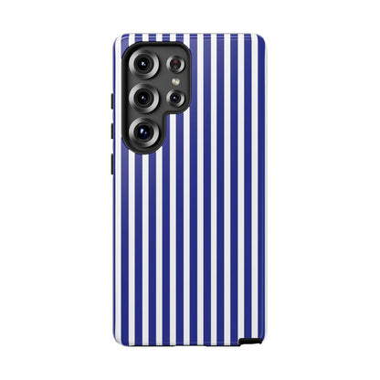 Blue white striped tough phone case with hard shell protective back cover and sleek modern design