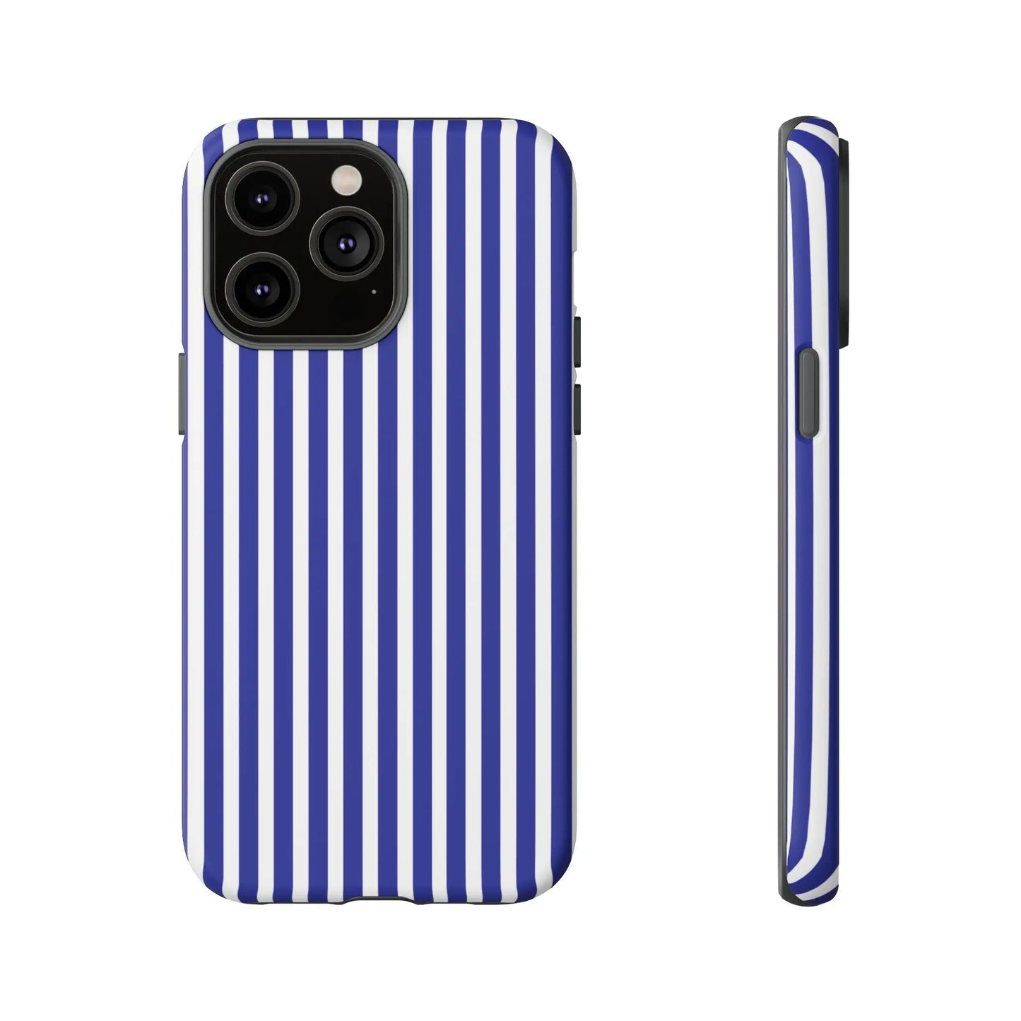 Blue white striped tough phone case with hard shell design shown from the back for protective phone coverage