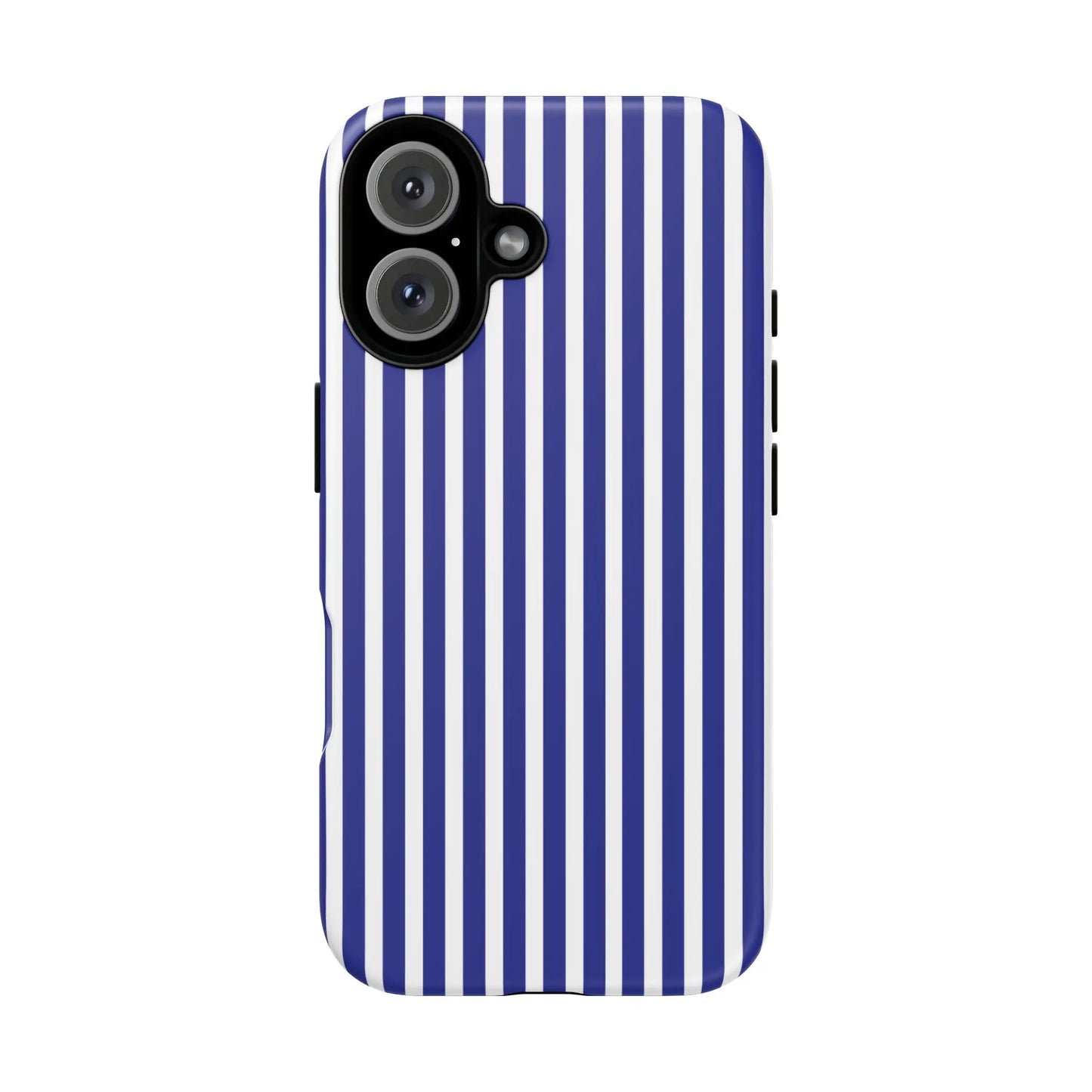 Back side of a sleek hard shell phone case with bold blue white striped tough cover for modern smartphones with dual cameras