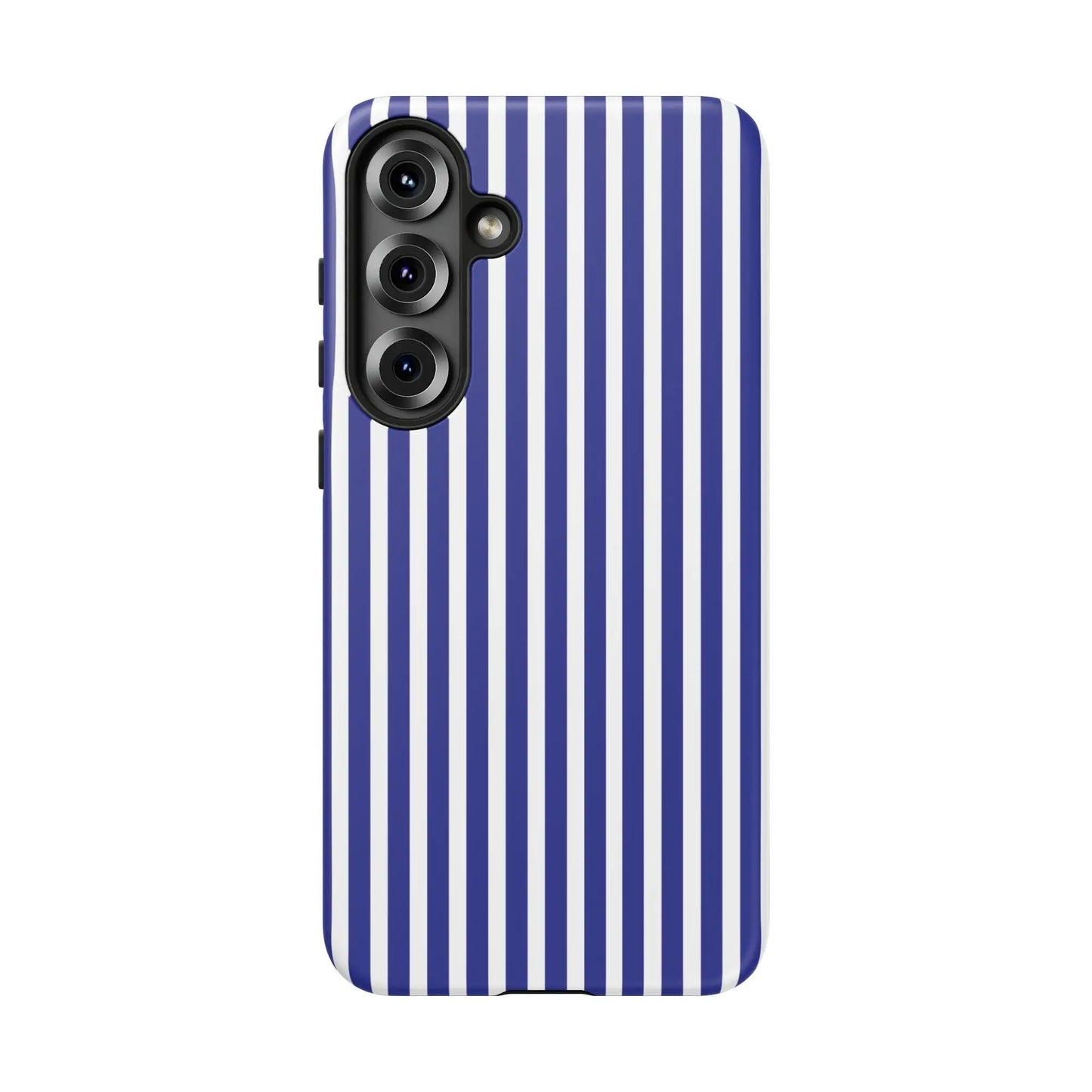 Back view of a blue white striped tough phone case with hard shell and triple camera cutout for smartphone protection