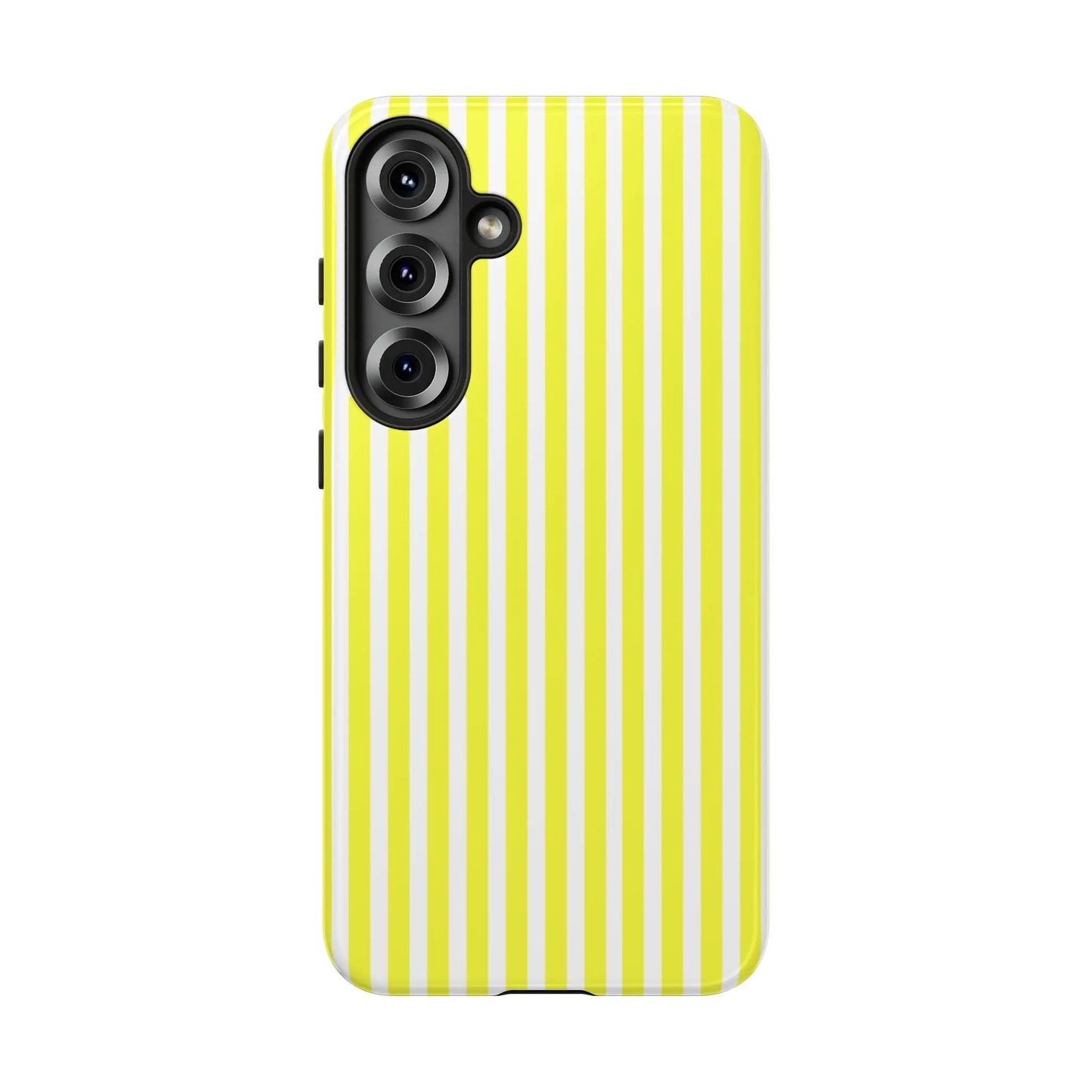 Back side of a banana yellow and white striped tough phone case cover with a hard shell and black camera module