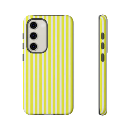 Back view of a banana yellow and white striped tough phone case cover with a hard shell for iphone samsung google