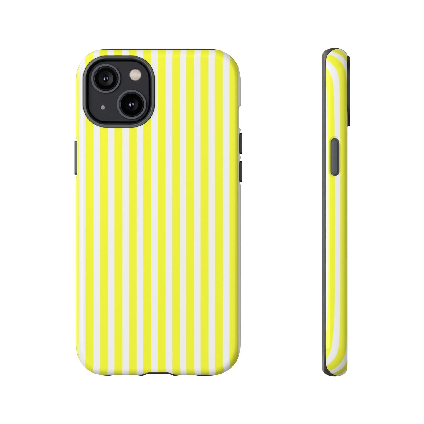 Back side of a banana yellow and white striped tough phone case cover with hard shell protective design