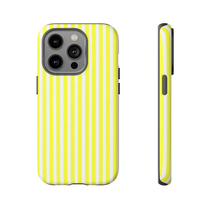 Back side of a banana yellow and white striped tough phone case cover with a hard shell protective design