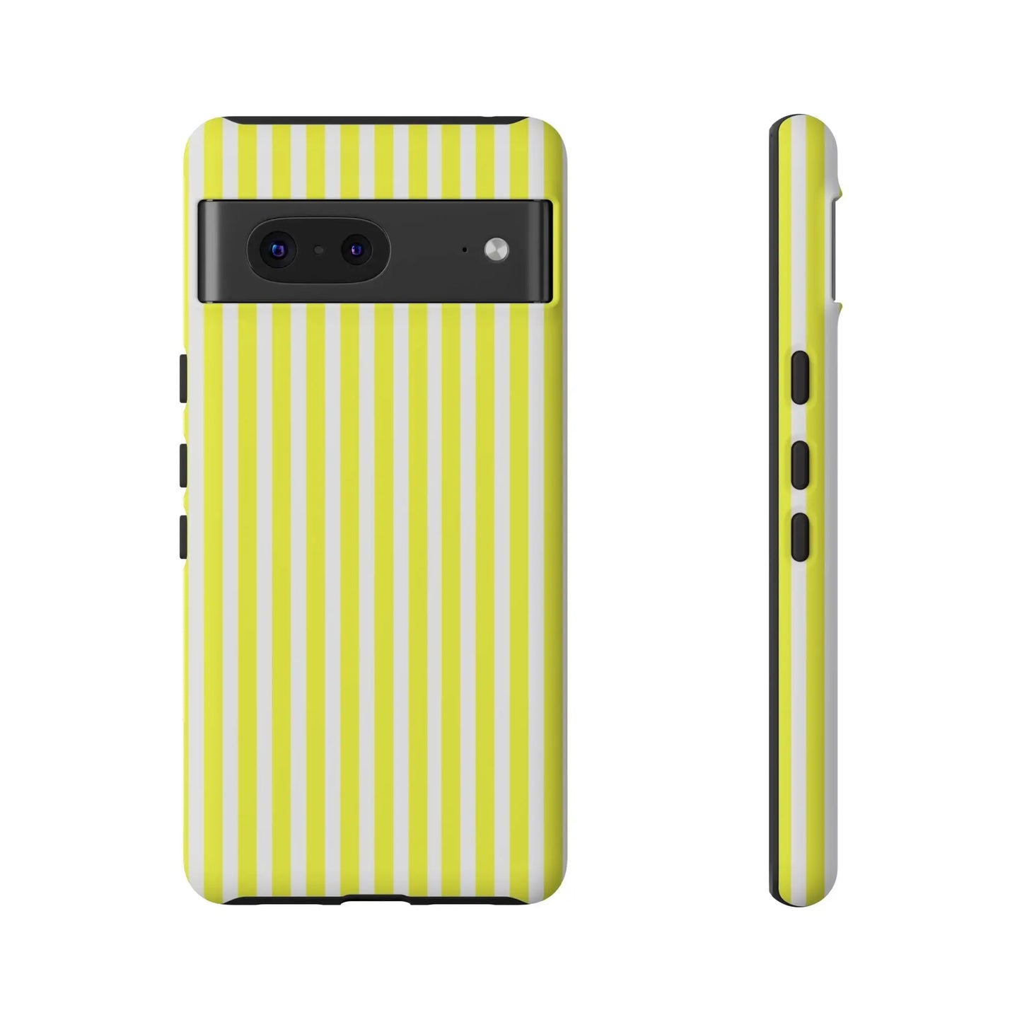Bright yellow and white striped tough phone case cover with hard shell for iphone samsung google shown from back side