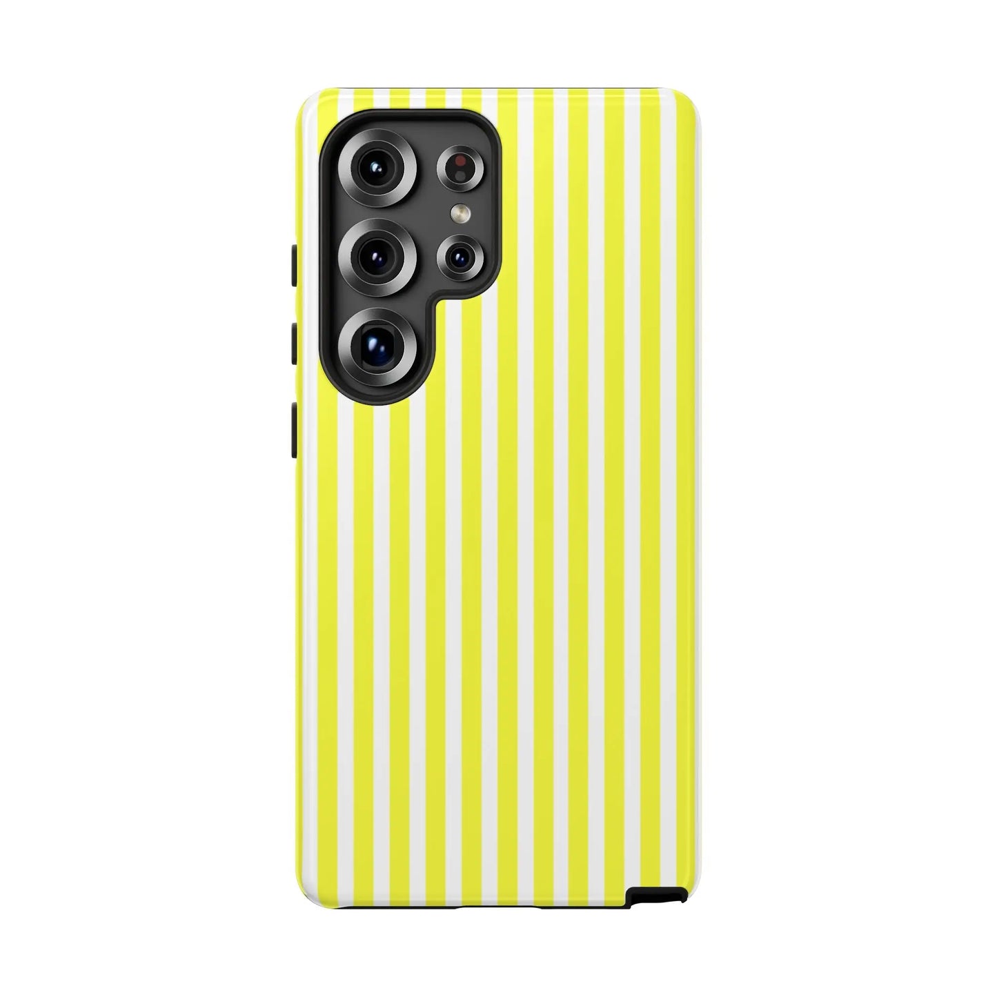 Phone case cover with banana yellow and white striped tough hard shell design for iphone samsung and google models back view