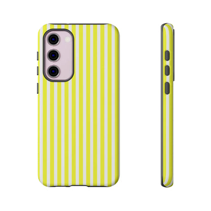 Phone case cover showing the back side with banana yellow and white striped tough hard shell design for protection
