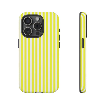 Phone case cover with vibrant banana yellow and white striped tough hard shell design shown from the back side