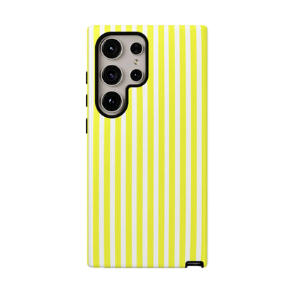 Phone case cover with banana yellow and white striped tough hard shell design shown from the back side