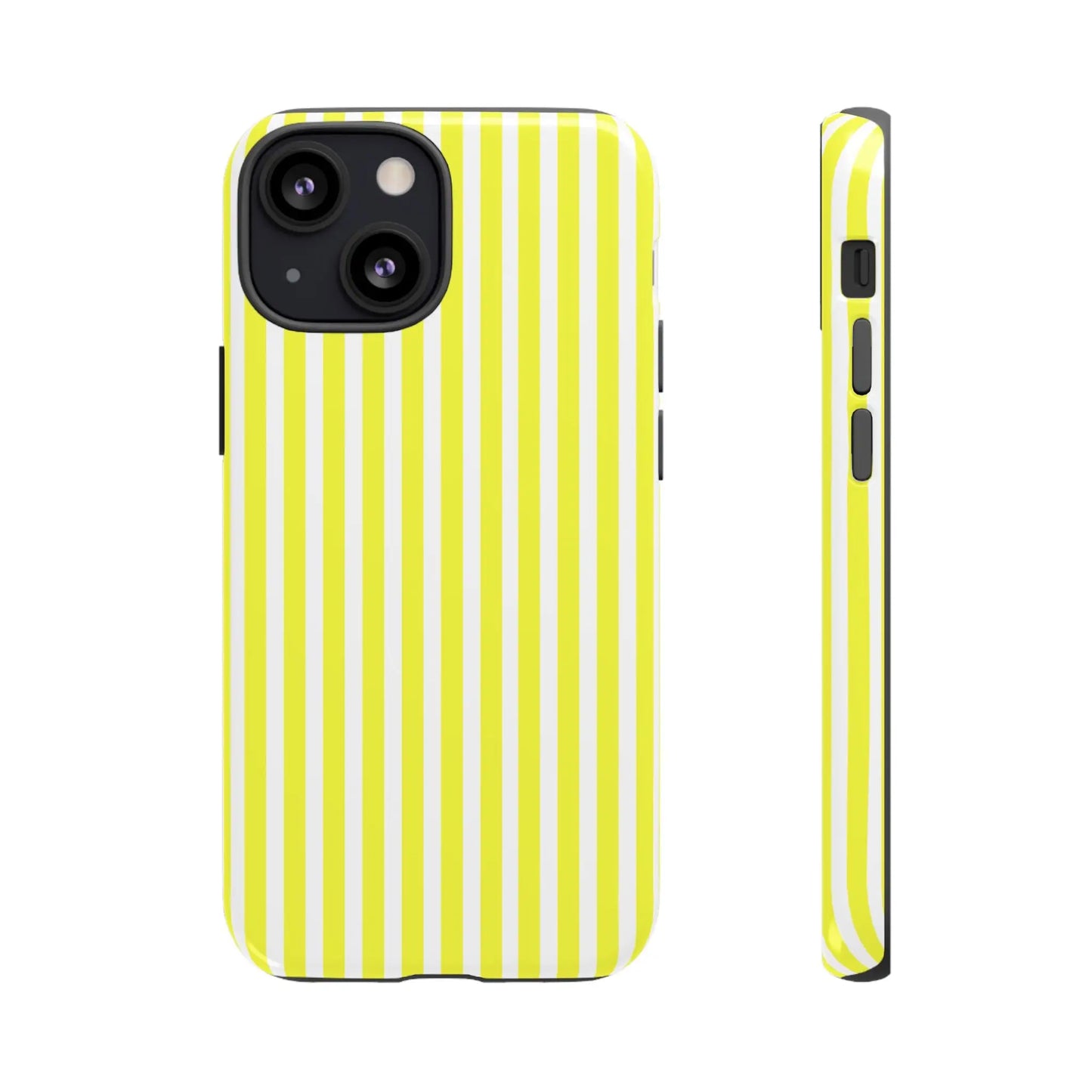 Phone case cover with banana yellow and white striped tough hard shell design for protective use shown from back side