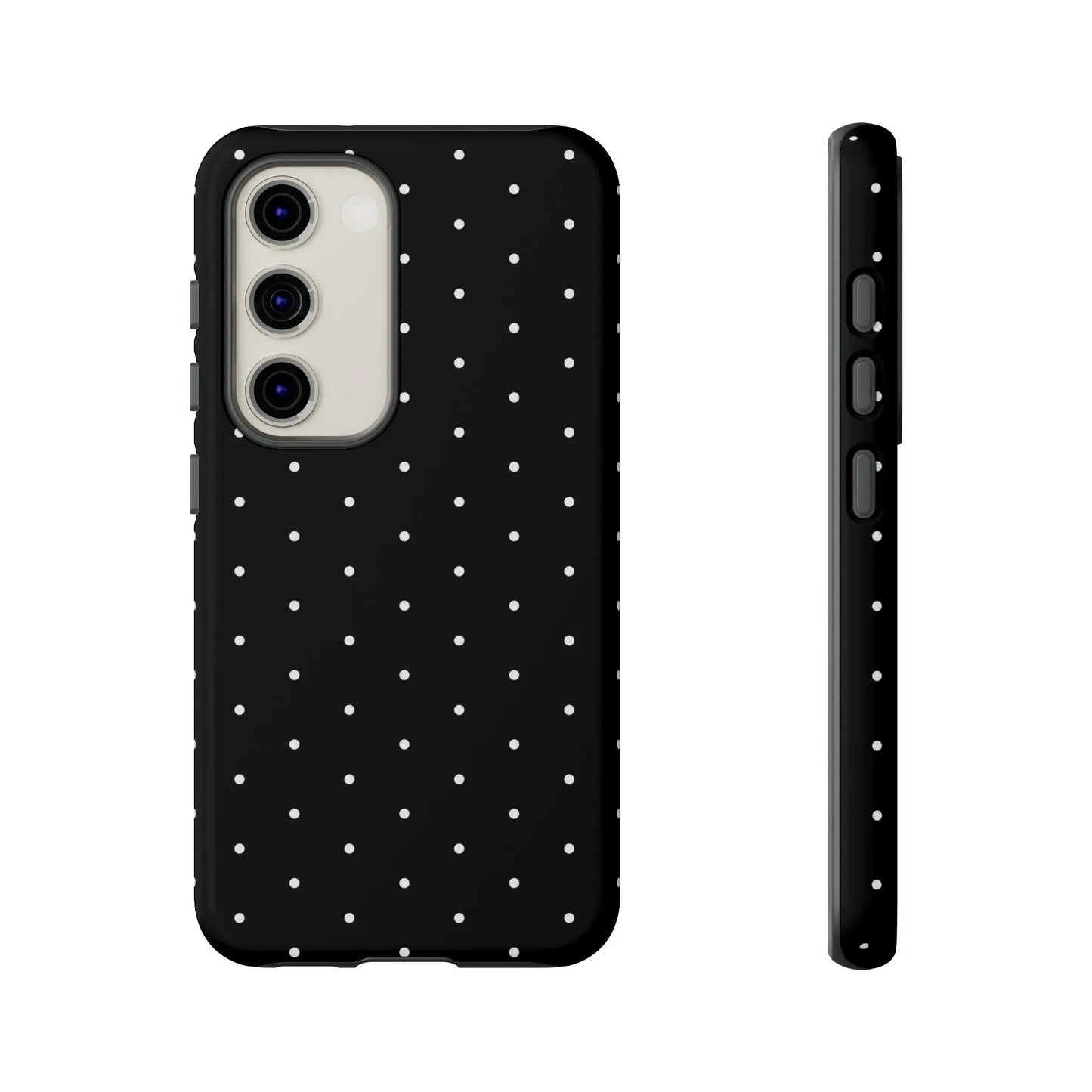 Black tough phone case with elegant black design and white polka dots shown from the back side