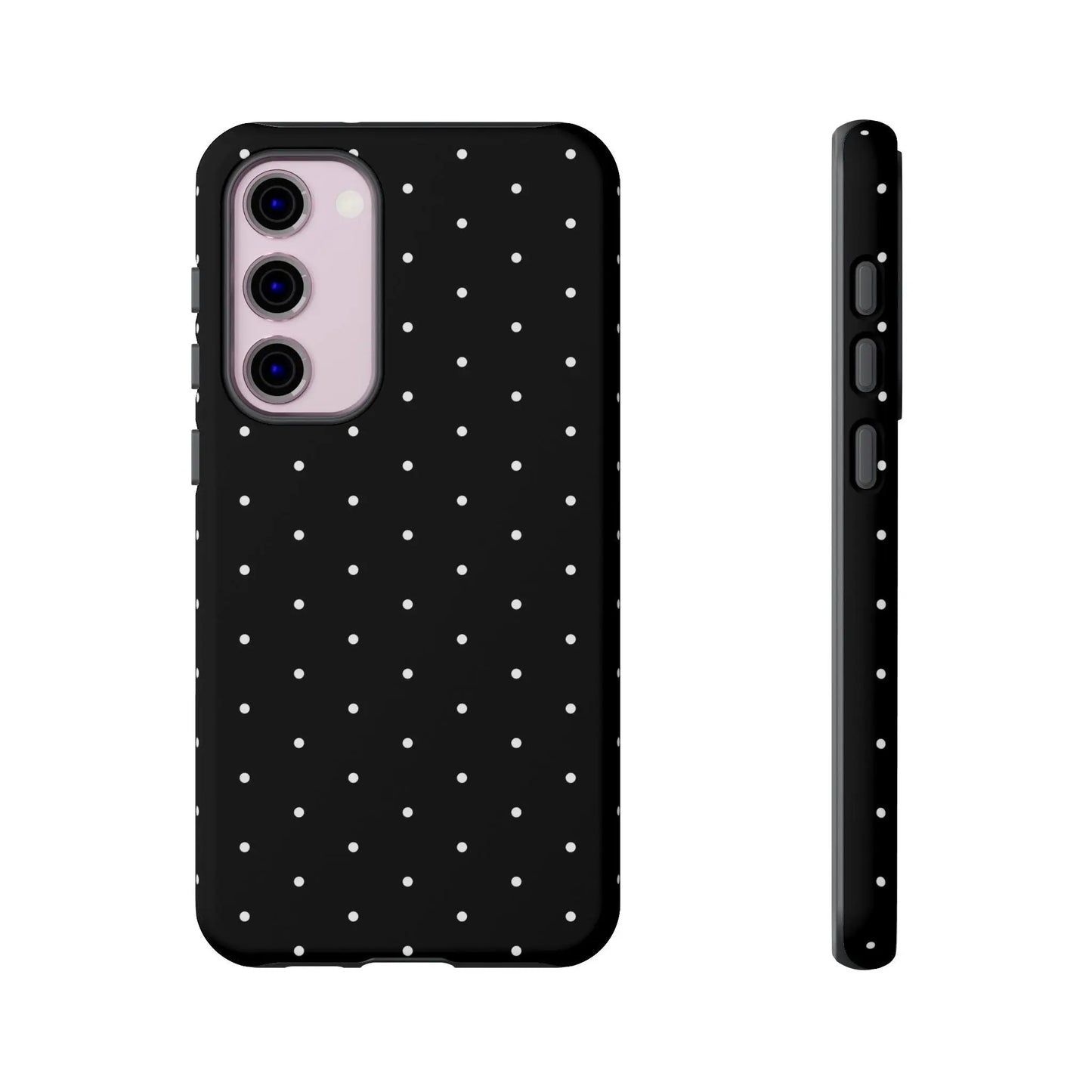 Elegant black tough phone case with white polka dots and minimalist design shown from the back side