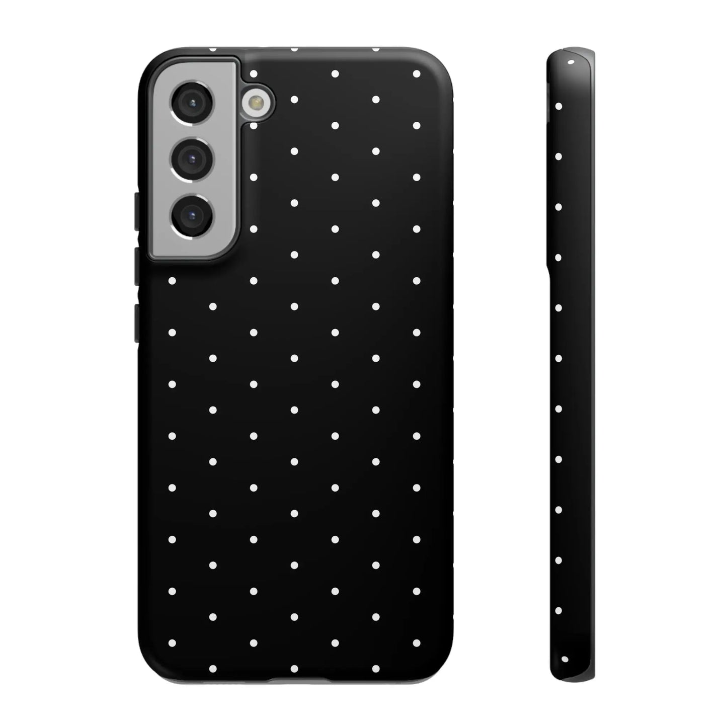 Back view of an elegant black tough phone case with white polka dots stylish protective cover for gift or daily use