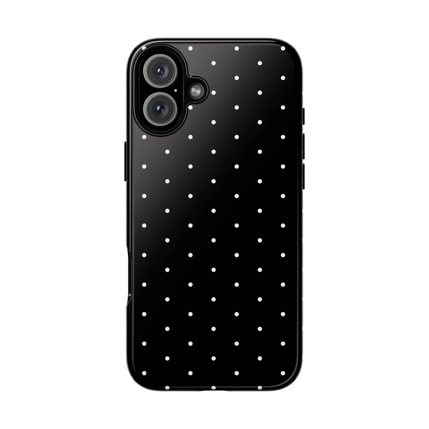 Black tough phone case with white polka dots minimalist elegant black protective cover shown from the back side