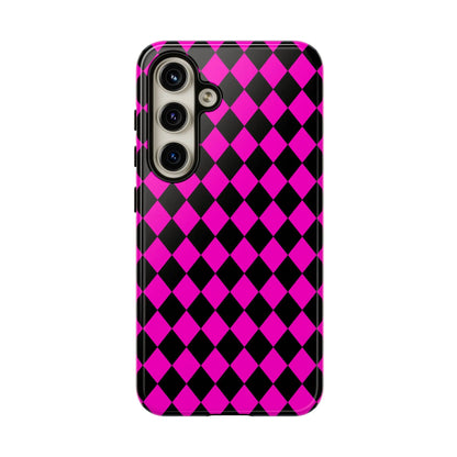 Vibrant pink black dimond phone case cover with glossy finish shown from the back for iphone google s24 samsung pixel 7