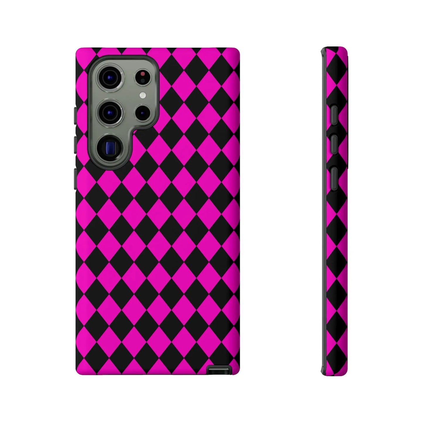 Vibrant pink black dimond phone case cover showing the back for samsung galaxy s23 ultra with diamond pattern