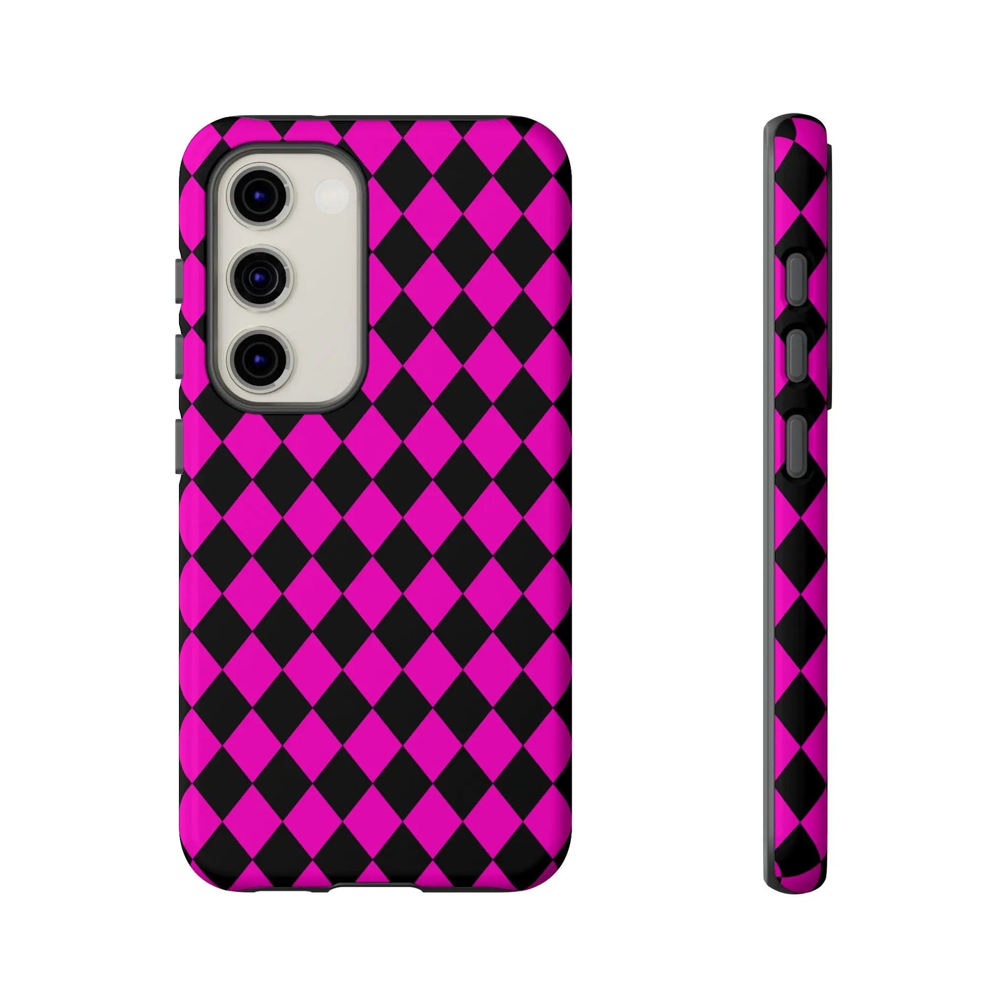 Back side of a vibrant pink black dimond phone case cover with sleek protective design for iphone google s24 and pixel 7