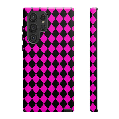 Vibrant pink black dimond phone case cover for samsung galaxy s23 ultra shown from the back with diamond pattern design