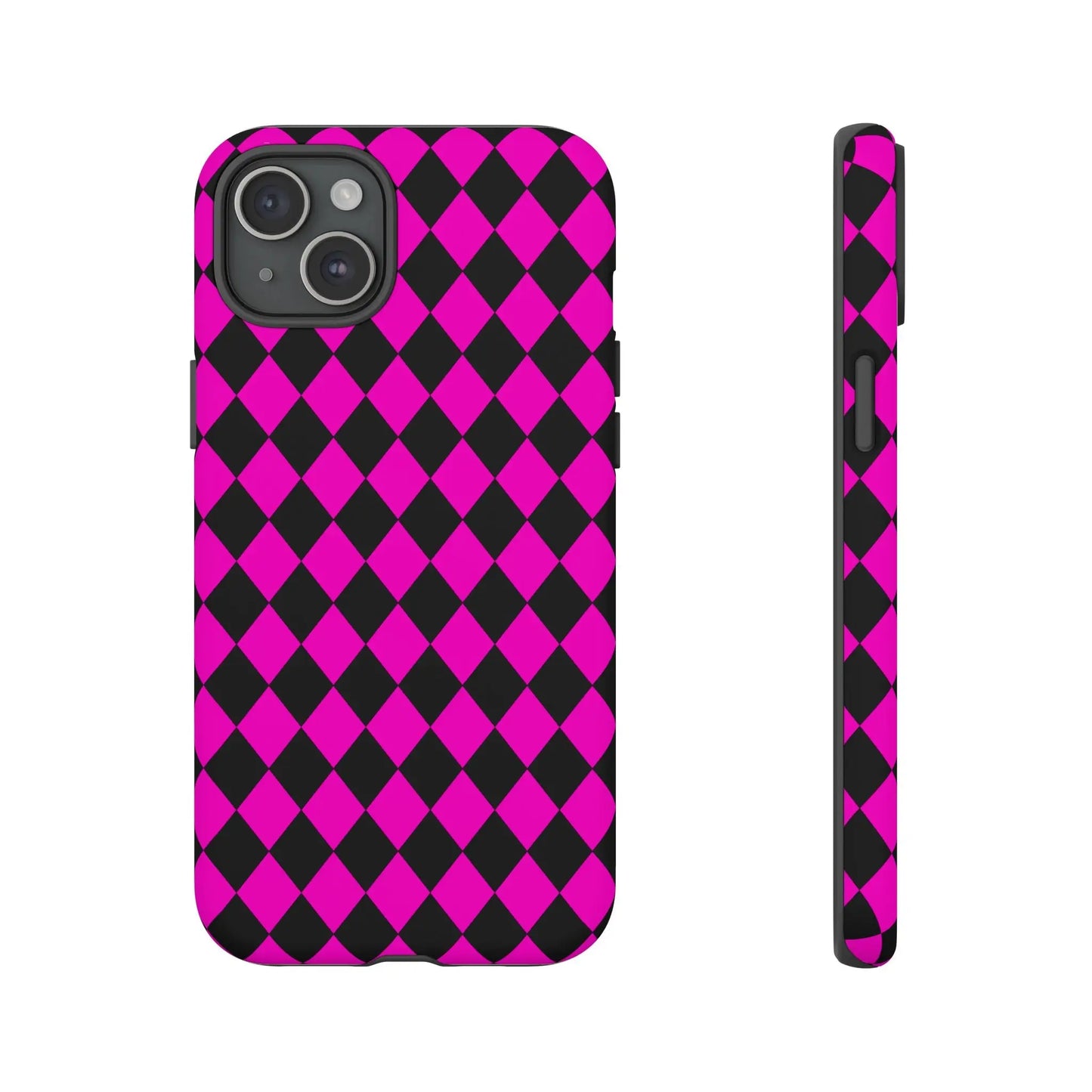 Back side of a vibrant pink black dimond phone case cover with sleek protective design for iphone google s24 and samsung pixel 7