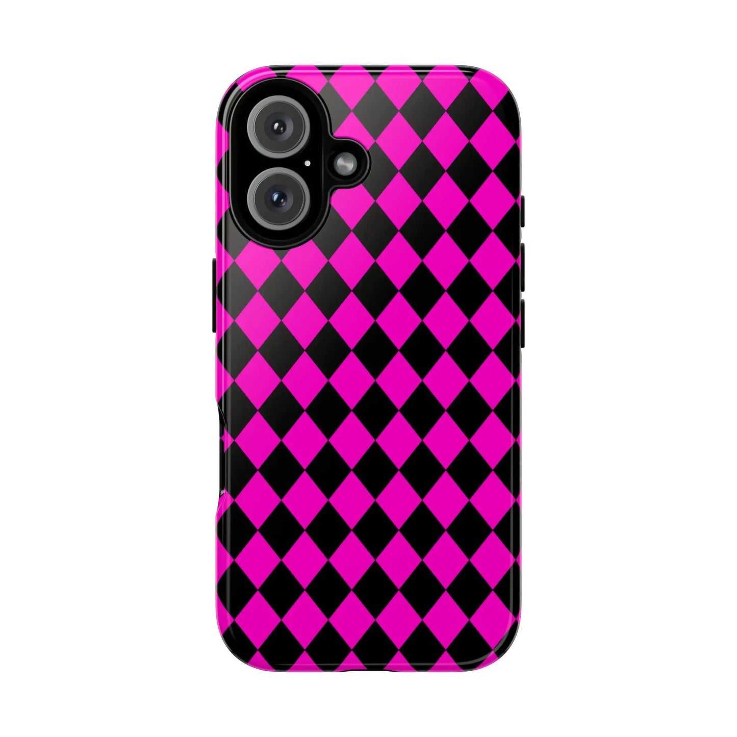 Back side of vibrant pink black dimond phone case cover with glossy finish for iPhone Google S24 and Samsung Pixel 7