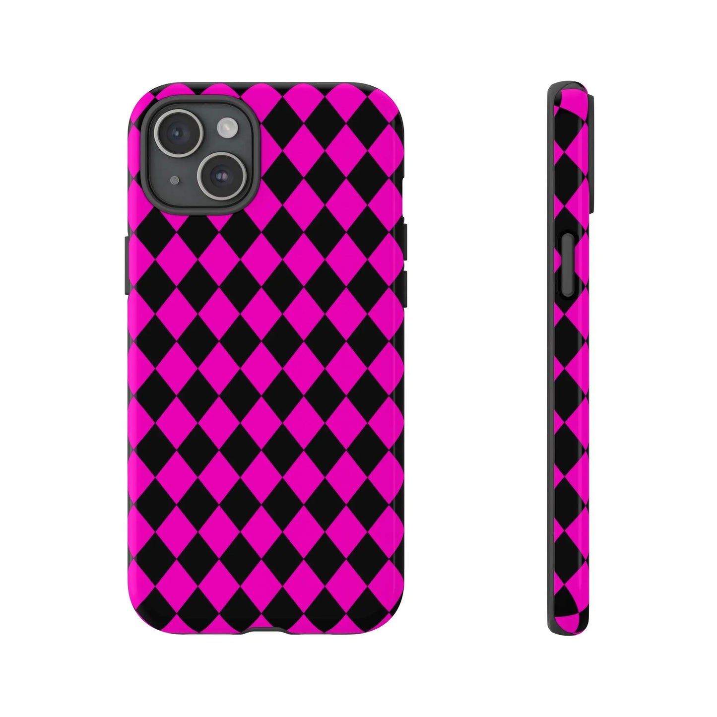 Back side of vibrant pink black dimond phone case cover with sleek protective design for iphone google s24 and samsung pixel 7