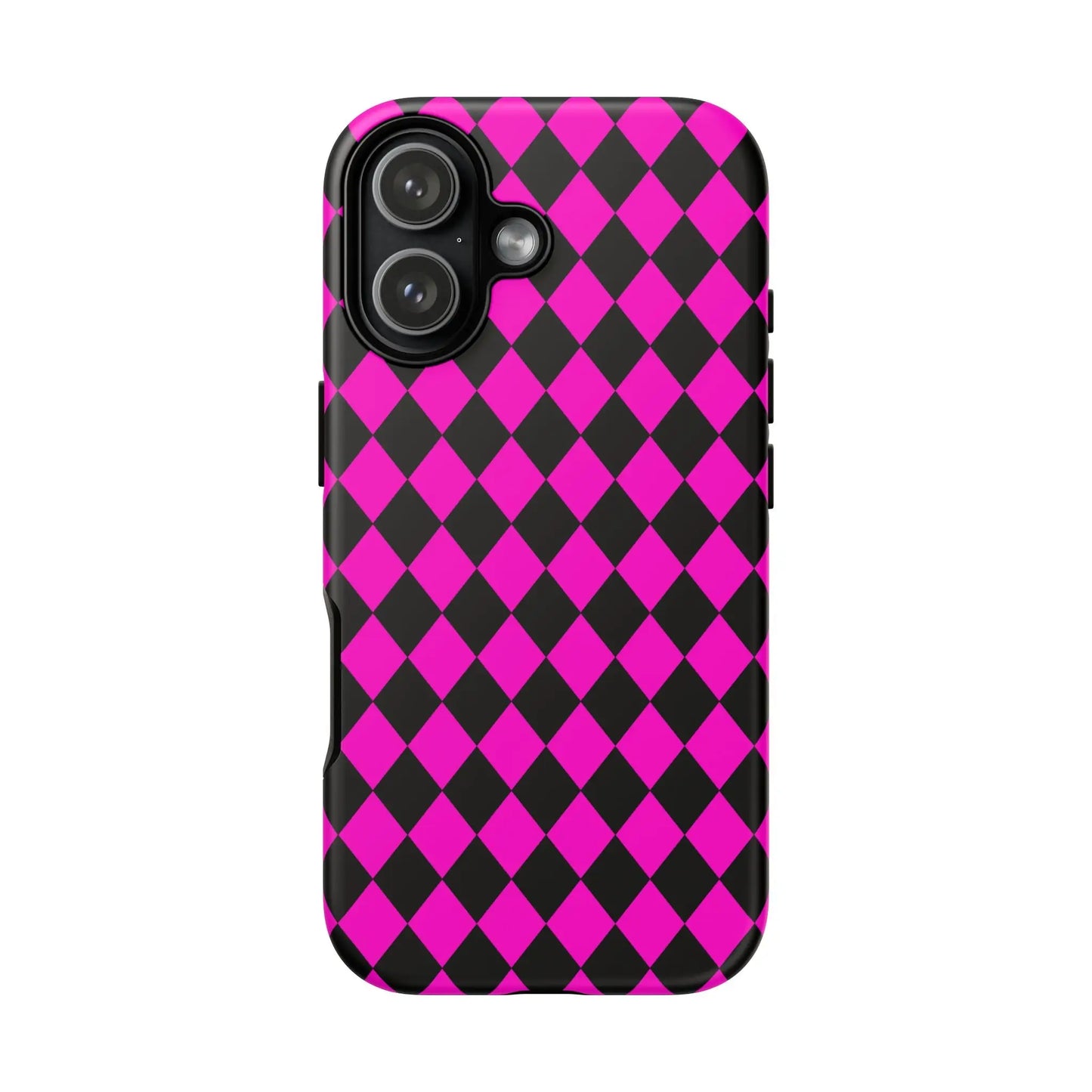 Vibrant pink black dimond phone case cover for iPhone Google S24 and Samsung Pixel 7 with sleek protective design back side