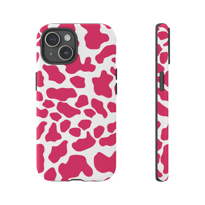 Pink and white cow print phone case back view offering cute tough cases protection with a pink cow print design