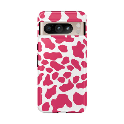 Pink and white cow print phone case cover showing back side for cute tough protection and style
