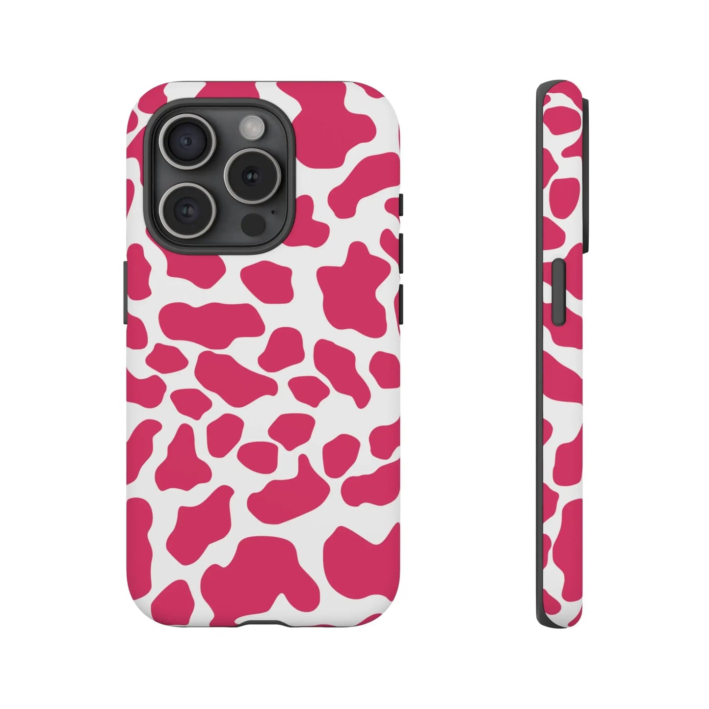 Pink and white cow print phone case showing the back side of a cute tough case for protection