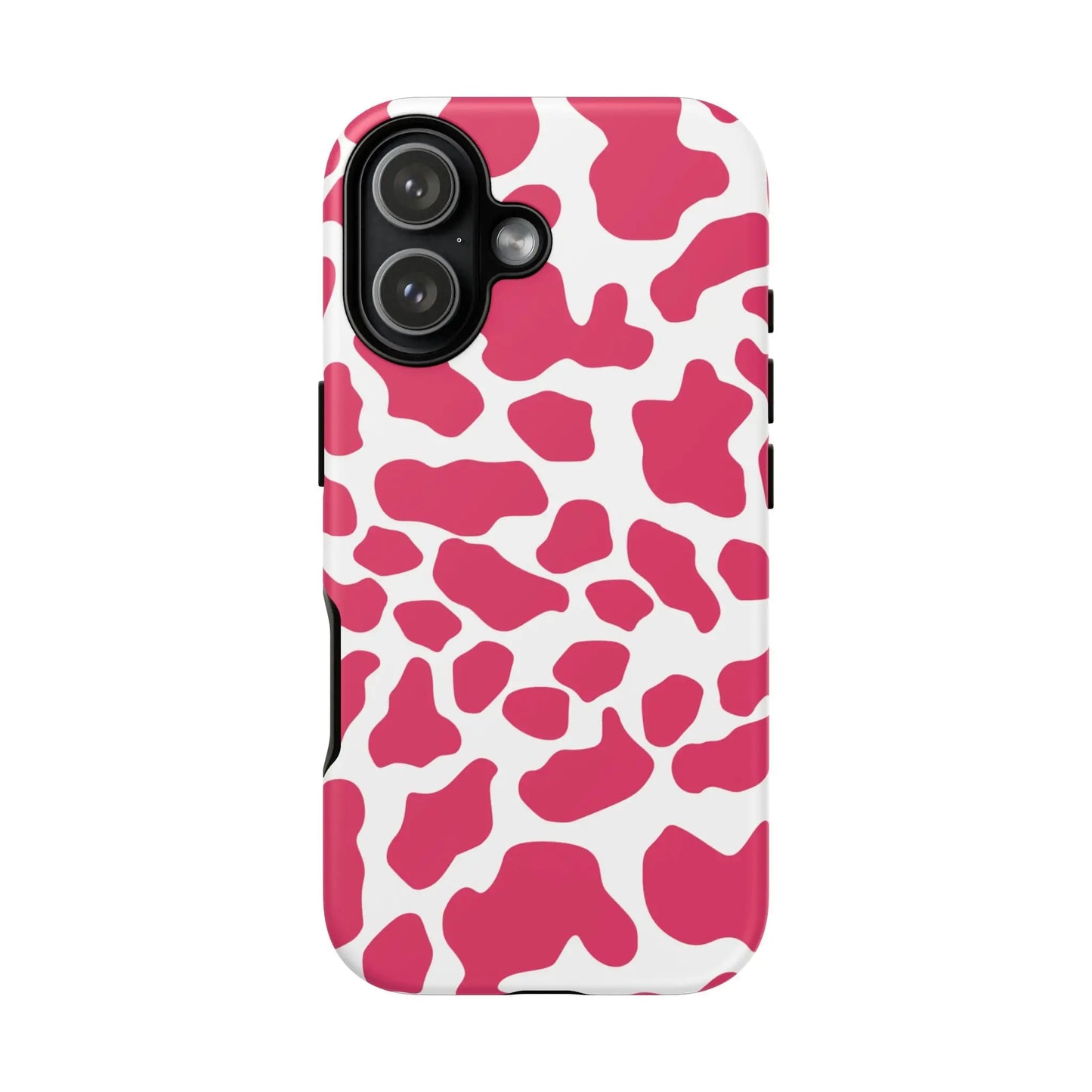 Pink and white cow print phone case back view showing cute tough case protection and stylish pink cow print design