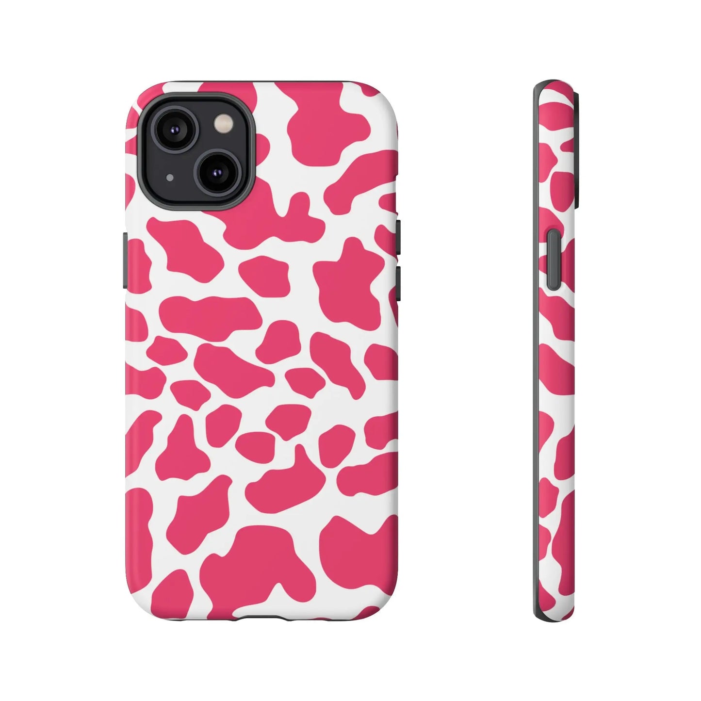 Back side of a pink cow print phone case cover featuring a cute tough design for protection and style