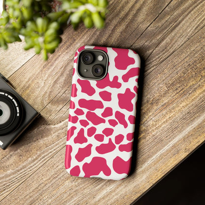 Vibrant pink cow print phone case cover with a sleek protective design for cute tough cases protection back side view