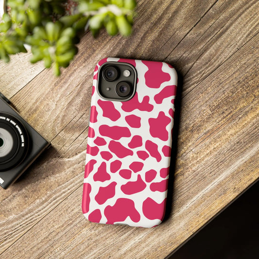 Vibrant pink cow print phone case cover with a sleek protective design for cute tough cases protection back side view