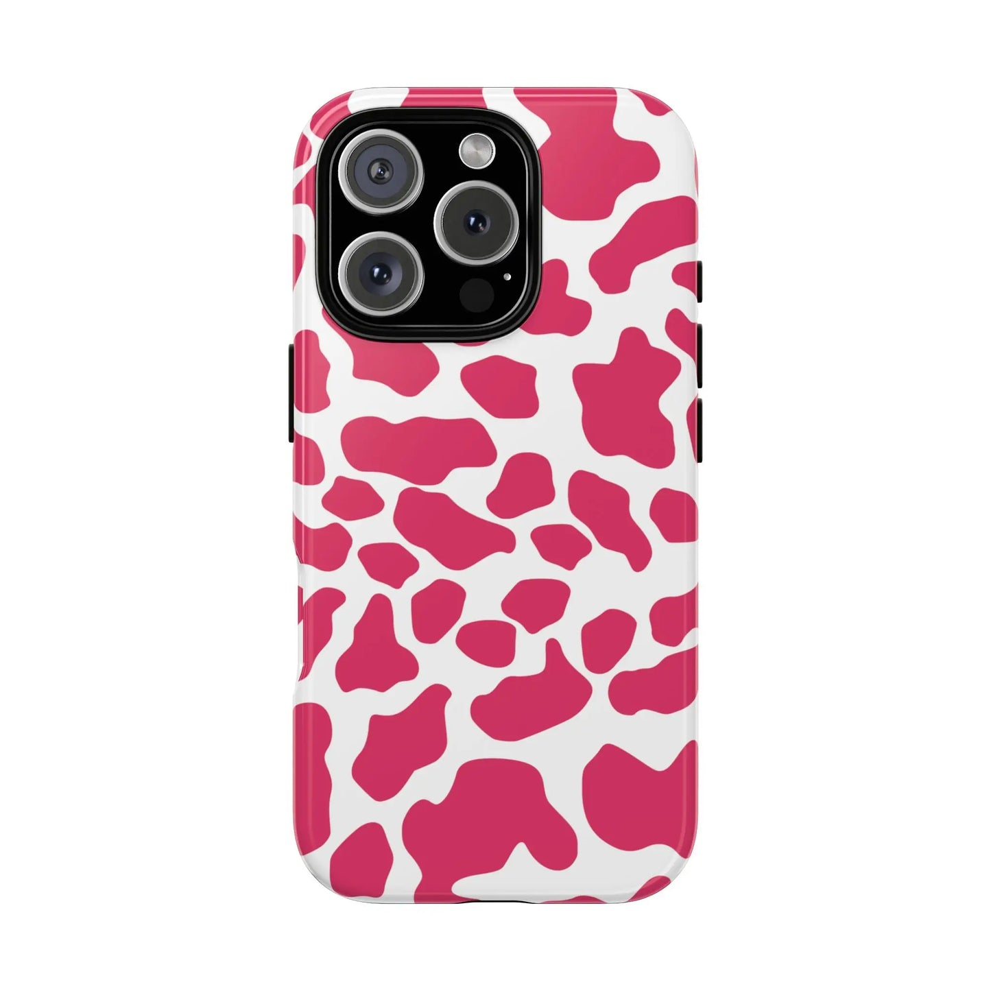 Pink and white cow print phone case back showing cute tough cases protection with pink cow print design
