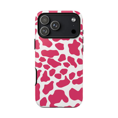 Pink cow print phone case cover with vibrant pink and white design and sleek protective back side for tough protection