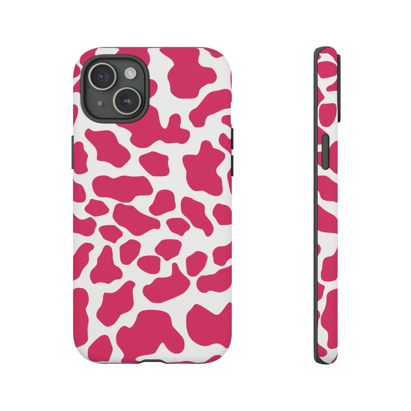Back side of a pink cow print phone case cover featuring cute tough cases protection design