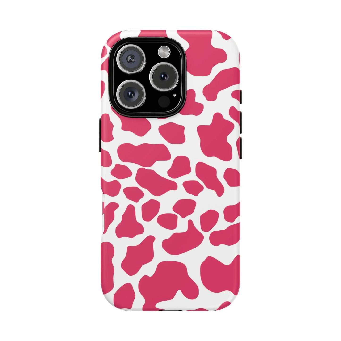 Back of a vibrant pink cow print phone case for iphone 13 pro max offering cute tough cases protection