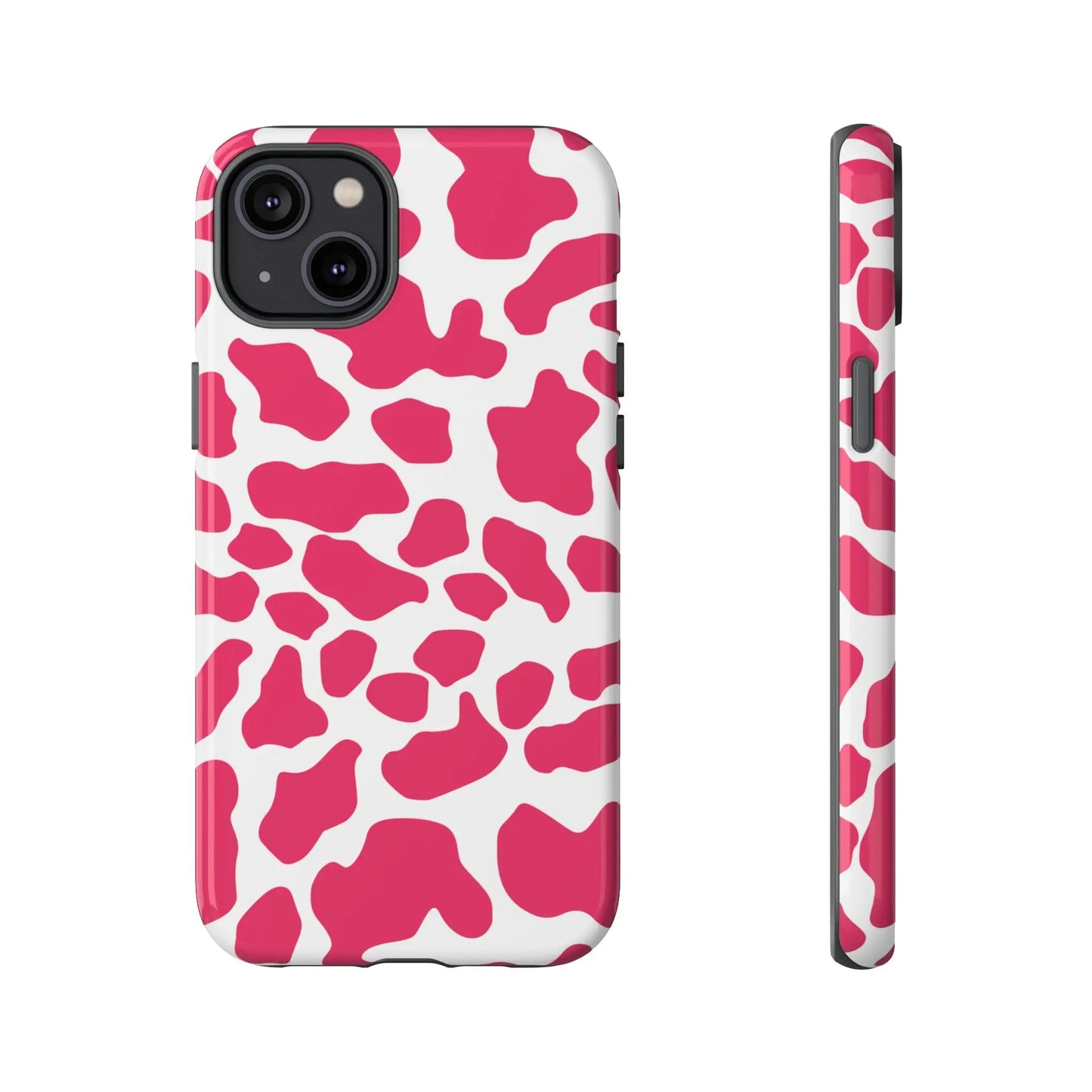 Pink and white cow print phone case back view showing cute tough cases protection design