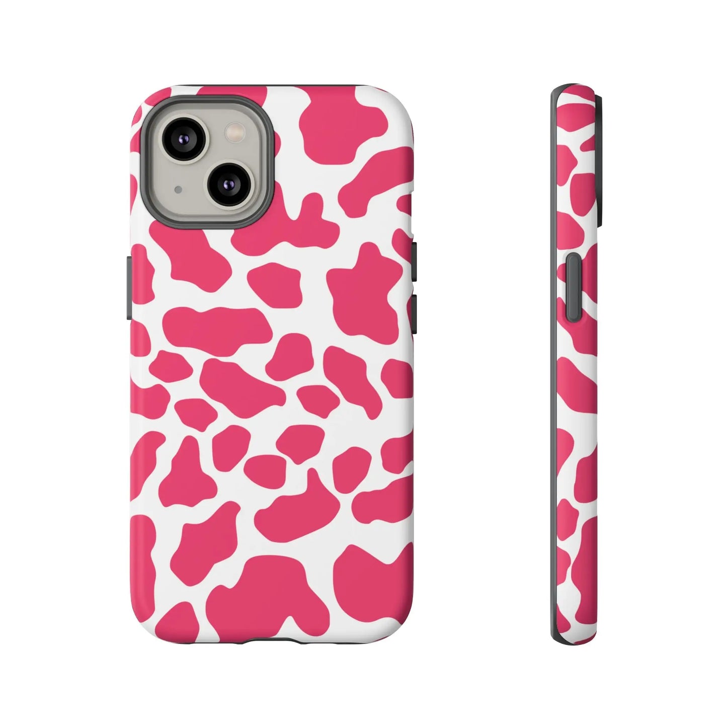 Pink and white cow print phone case back side showing a cute tough case cover for protection