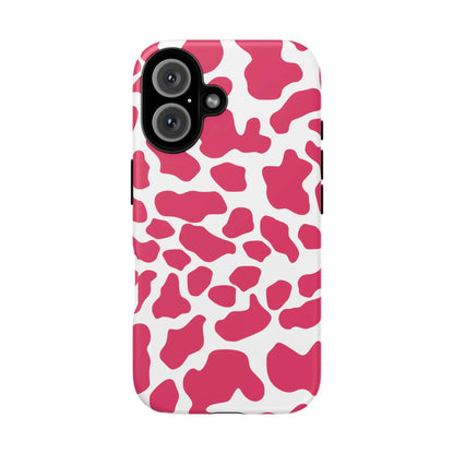 Pink and white cow print phone case back side showing cute tough cases protection design for pink cow print fans