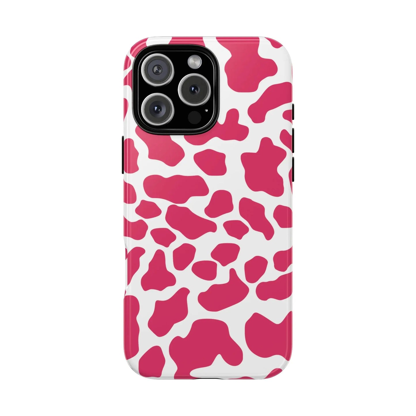 Vibrant pink and white cow print phone case cover designed for cute tough cases protection showing back side